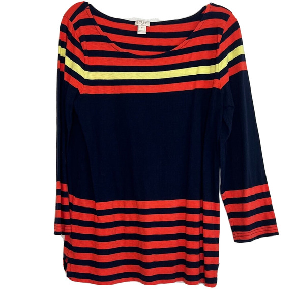 J Crew Factory Womens Striped Tee Medium Navy Orange Boatneck 3Q Sleeve - Picture 1 of 6